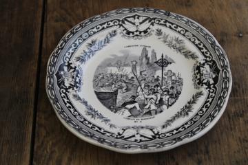 catalog photo of antique French Gien faience pottery plate black transferware 1859 military scene number 8
