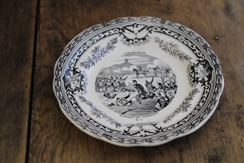 photo of antique French Gien faience pottery plate black transferware 1859 military scene number 9 #1