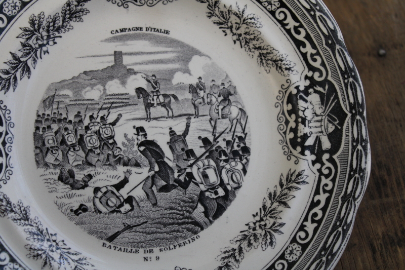 photo of antique French Gien faience pottery plate black transferware 1859 military scene number 9 #2