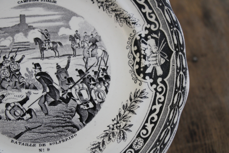 photo of antique French Gien faience pottery plate black transferware 1859 military scene number 9 #4