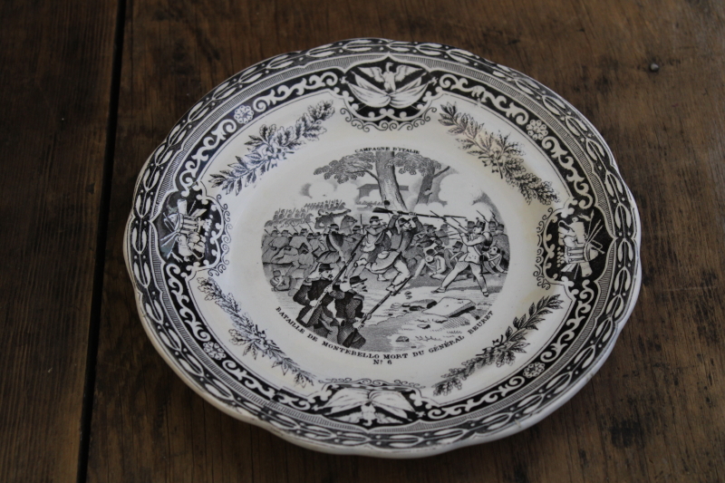 photo of antique French Gien faience pottery plate black transferware 1859 military scene number 9 #1