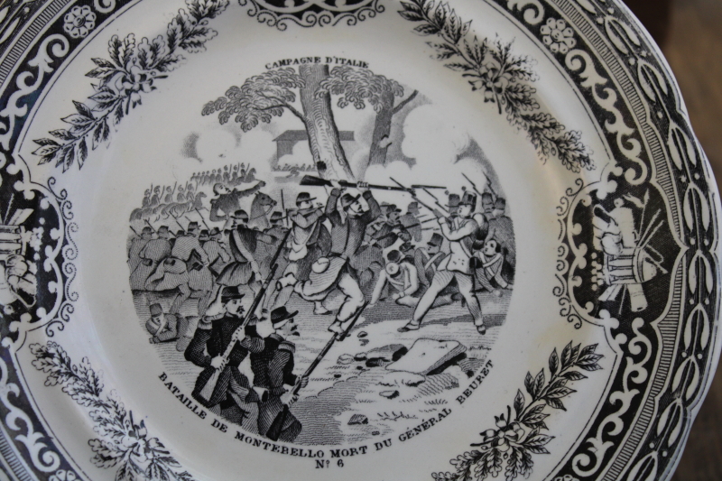 photo of antique French Gien faience pottery plate black transferware 1859 military scene number 9 #2