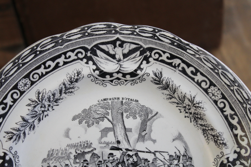 photo of antique French Gien faience pottery plate black transferware 1859 military scene number 9 #3