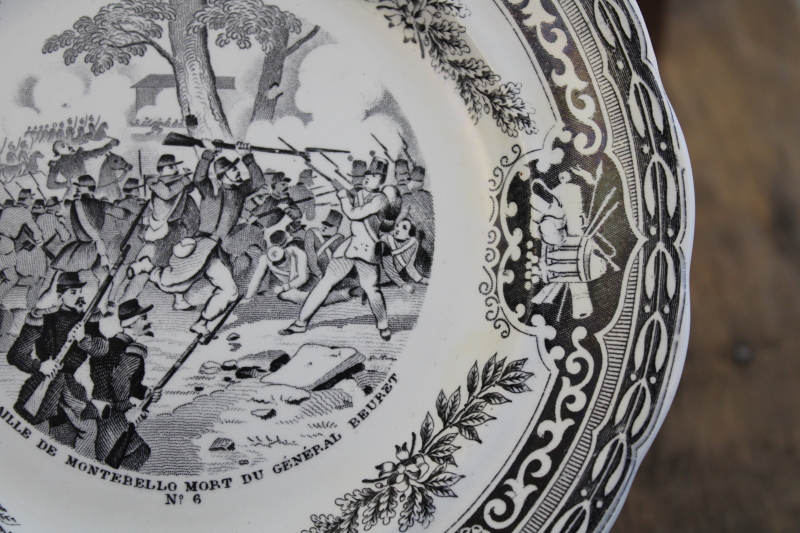 photo of antique French Gien faience pottery plate black transferware 1859 military scene number 9 #4