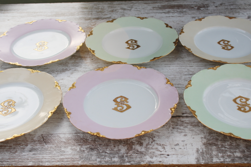 photo of antique French Haviland china plates dated 1900, hand painted encrusted gold S monogram #1