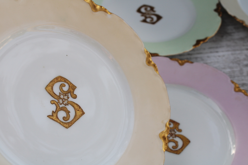 photo of antique French Haviland china plates dated 1900, hand painted encrusted gold S monogram #2