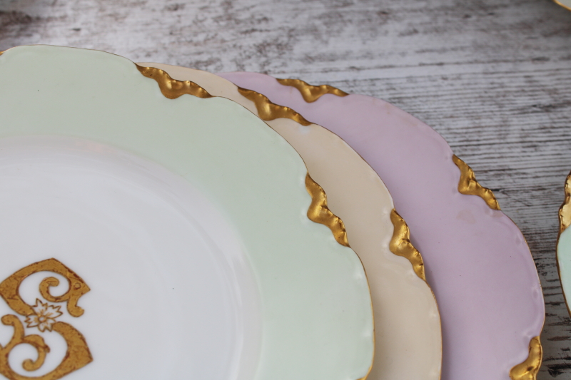 photo of antique French Haviland china plates dated 1900, hand painted encrusted gold S monogram #3