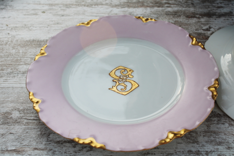 photo of antique French Haviland china plates dated 1900, hand painted encrusted gold S monogram #4