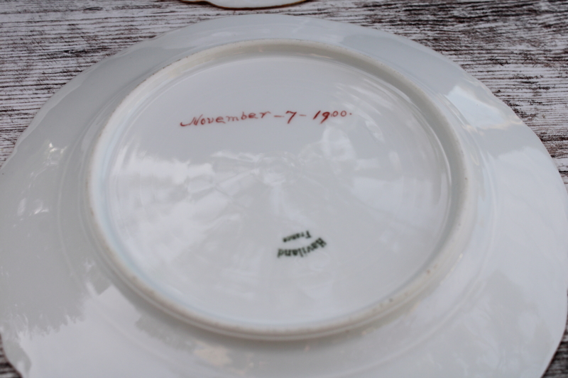 photo of antique French Haviland china plates dated 1900, hand painted encrusted gold S monogram #5