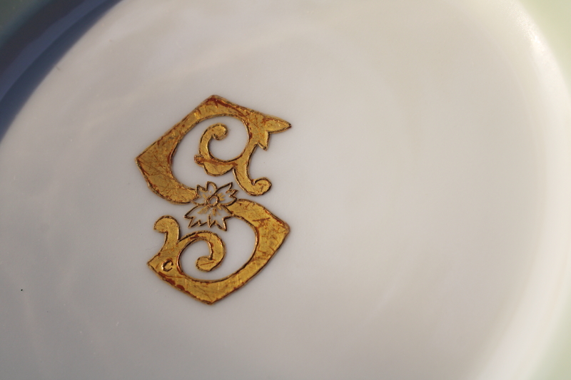 photo of antique French Haviland china plates dated 1900, hand painted encrusted gold S monogram #8