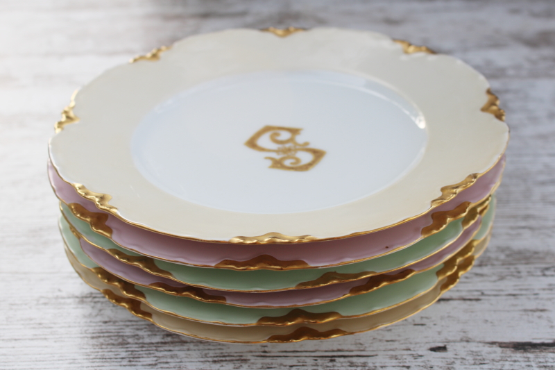 photo of antique French Haviland china plates dated 1900, hand painted encrusted gold S monogram #9