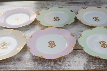 catalog photo of antique French Haviland china plates dated 1900, hand painted encrusted gold S monogram