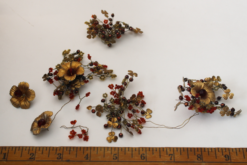 photo of antique French beaded flowers, glass seed beads on wire, delicate brass wirework w/ tiny metal leaves  #1