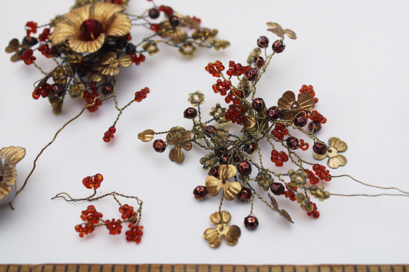 photo of antique French beaded flowers, glass seed beads on wire, delicate brass wirework w/ tiny metal leaves #2