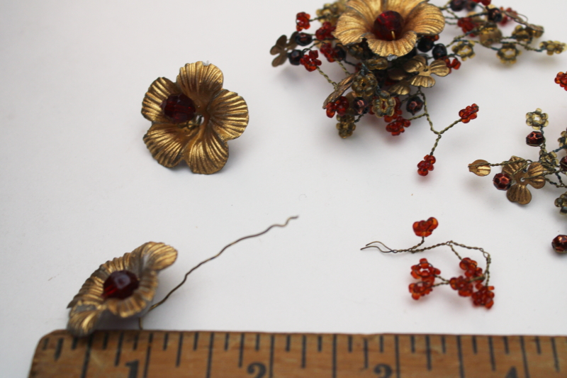 photo of antique French beaded flowers, glass seed beads on wire, delicate brass wirework w/ tiny metal leaves #3