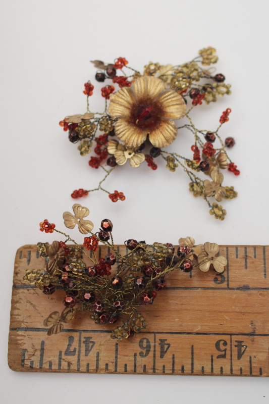 photo of antique French beaded flowers, glass seed beads on wire, delicate brass wirework w/ tiny metal leaves #4