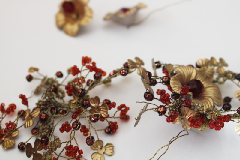 photo of antique French beaded flowers, glass seed beads on wire, delicate brass wirework w/ tiny metal leaves #5