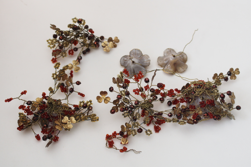 photo of antique French beaded flowers, glass seed beads on wire, delicate brass wirework w/ tiny metal leaves #6