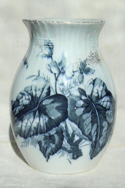 photo of antique French faience pottery vase, blue and white Begonia Luneville France #1