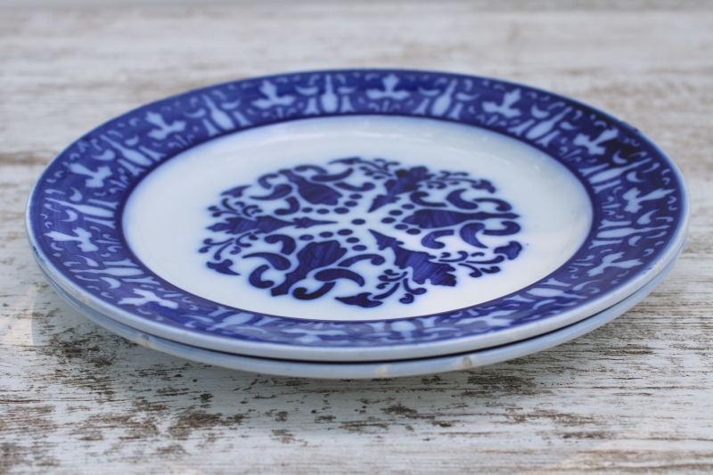 photo of antique French flow blue china plates, Luneville France pottery turn of the century vintage  #7