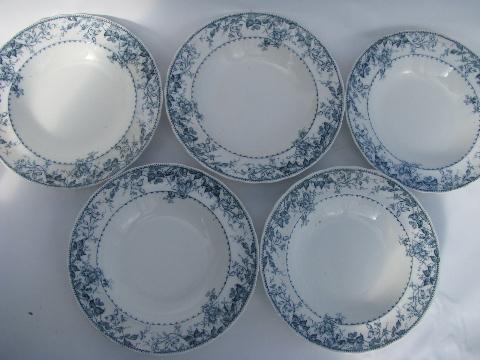 photo of antique Furnivals England transferware blue and white china soup plates, bowls #5