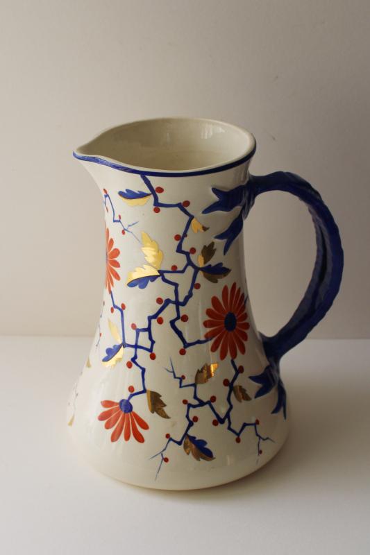 photo of antique German art pottery pitcher hand painted stylized floral, vintage 1900 #1