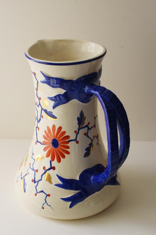 photo of antique German art pottery pitcher hand painted stylized floral, vintage 1900 #2