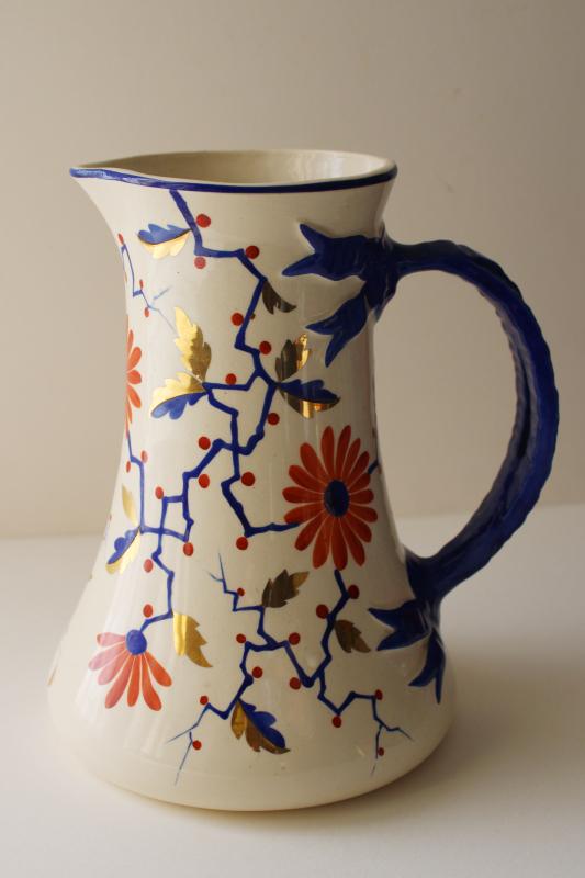 photo of antique German art pottery pitcher hand painted stylized floral, vintage 1900 #7