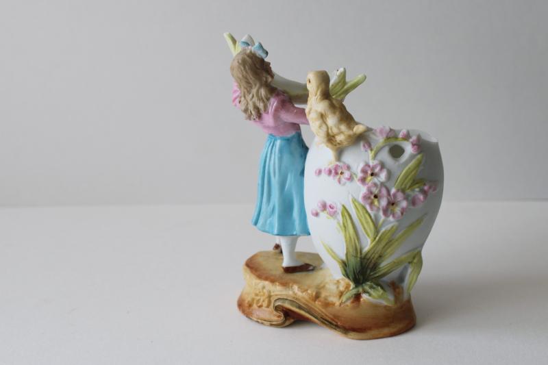 photo of antique German bisque china figurine Easter egg w/ baby chick girl holding garland #2