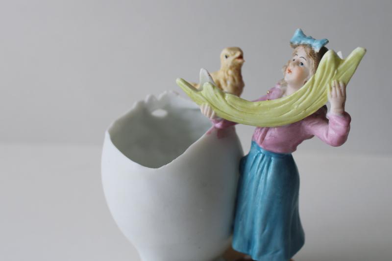 photo of antique German bisque china figurine Easter egg w/ baby chick girl holding garland #4