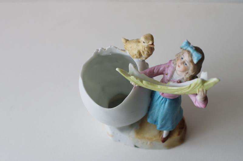 photo of antique German bisque china figurine Easter egg w/ baby chick girl holding garland #6