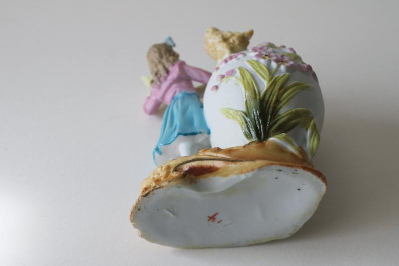 photo of antique German bisque china figurine Easter egg w/ baby chick girl holding garland #7