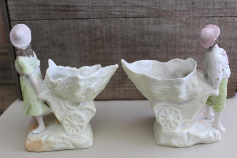photo of antique German bisque china figurines, art nouveau couple, boy & girl w/ sea shell carts #5