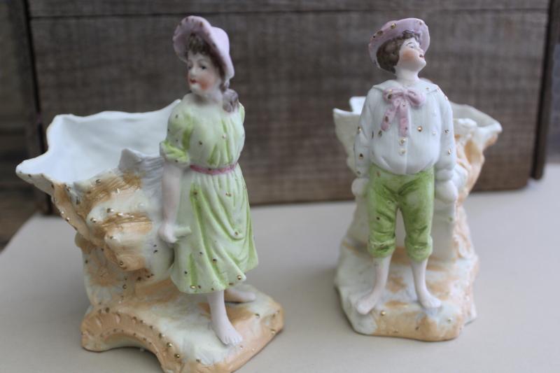 photo of antique German bisque china figurines, art nouveau couple, boy & girl w/ sea shell carts #7