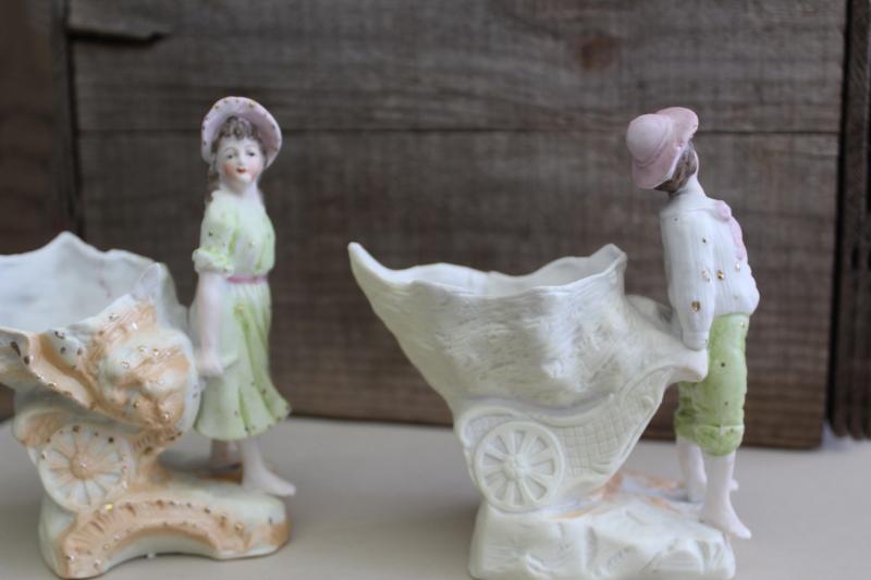 photo of antique German bisque china figurines, art nouveau couple, boy & girl w/ sea shell carts #9