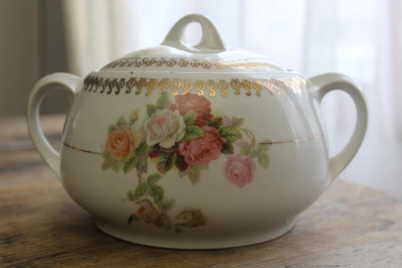 photo of antique German china biscuit jar w/ roses, early 1900s Germany mark cookie crock #2