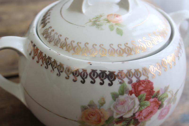 photo of antique German china biscuit jar w/ roses, early 1900s Germany mark cookie crock #3