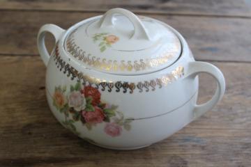 catalog photo of antique German china biscuit jar w/ roses, early 1900s Germany mark cookie crock