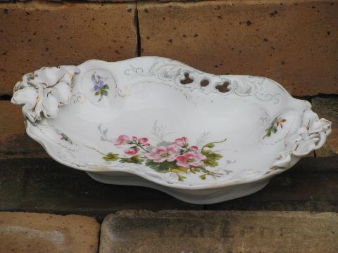 photo of antique German china bowl, puffy 'oyster' shape, flowers, leaf handles #1