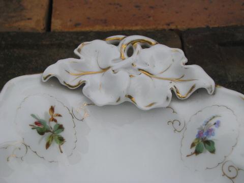 photo of antique German china bowl, puffy 'oyster' shape, flowers, leaf handles #3