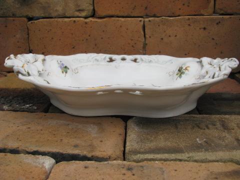 photo of antique German china bowl, puffy 'oyster' shape, flowers, leaf handles #7