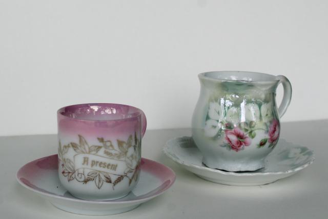 photo of antique German china demitasse cups & saucers, A Present motto hand painted luster roses #1