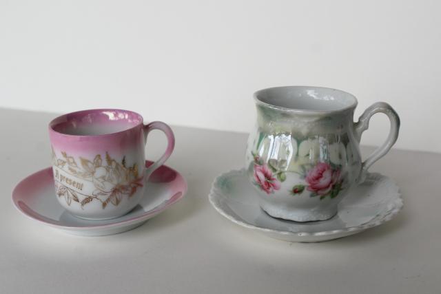 photo of antique German china demitasse cups & saucers, A Present motto hand painted luster roses #2