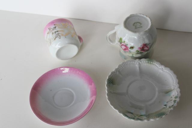 photo of antique German china demitasse cups & saucers, A Present motto hand painted luster roses #4