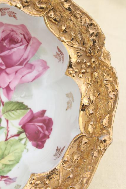 photo of antique German gold encrusted porcelain bowl, early 1900s vintage floral china serving dish #4