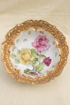 catalog photo of antique German gold encrusted porcelain bowl, early 1900s vintage floral china serving dish