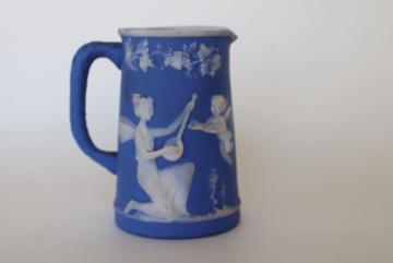 catalog photo of antique German jasperware china pitcher, blue and white raised relief classical scene