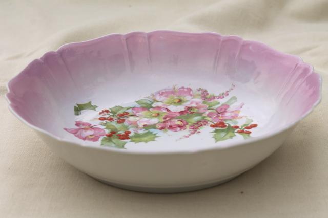 photo of antique German painted china bowl w/ pink Christmas rose hellabore flowers & holly  #1