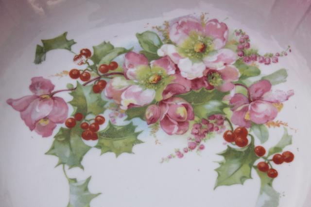 photo of antique German painted china bowl w/ pink Christmas rose hellabore flowers & holly  #3