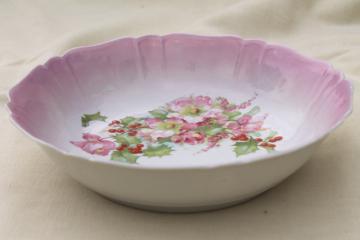 catalog photo of antique German painted china bowl w/ pink Christmas rose hellabore flowers & holly 